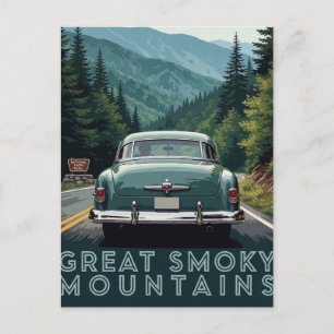 🏔️ Classic Green Car Mountain Travel Artwork Postcard