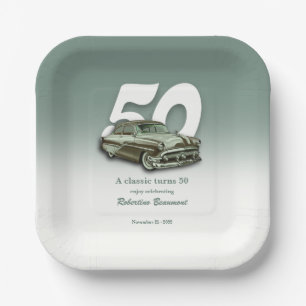 Classic Green Car Turns 50th Birthday Paper Plate