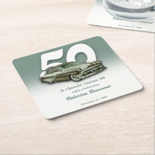 Classic Green Car Turns 50th Birthday Square Paper Coaster
