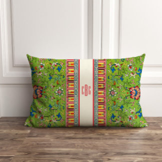 Classic Green Chinoiserie Pillow with Monogram