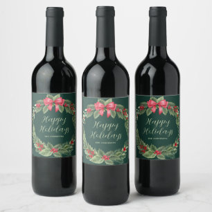 Classic Green Christmas Wreath Name Wine Label