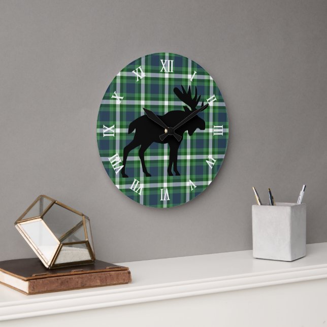 Classic Green Dark Blue Lumberjack Plaid Pattern Large Clock (Office)