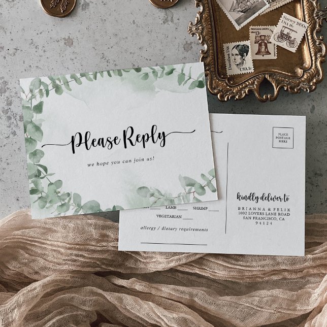 Classic Green Eucalyptus Foliage Menu Choice RSVP  Postcard (Creator Uploaded)