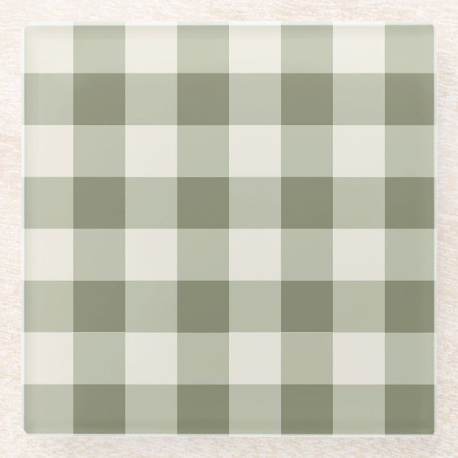 Classic Green Farmhouse Gingham Style Napkins Glass Coaster (Front)