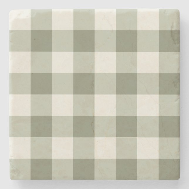 Classic Green Farmhouse Gingham Style Stone Coaster (Front)