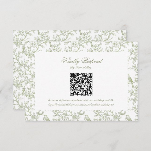 Classic Green Floral and Bird Toile QR code RSVP (Front/Back)