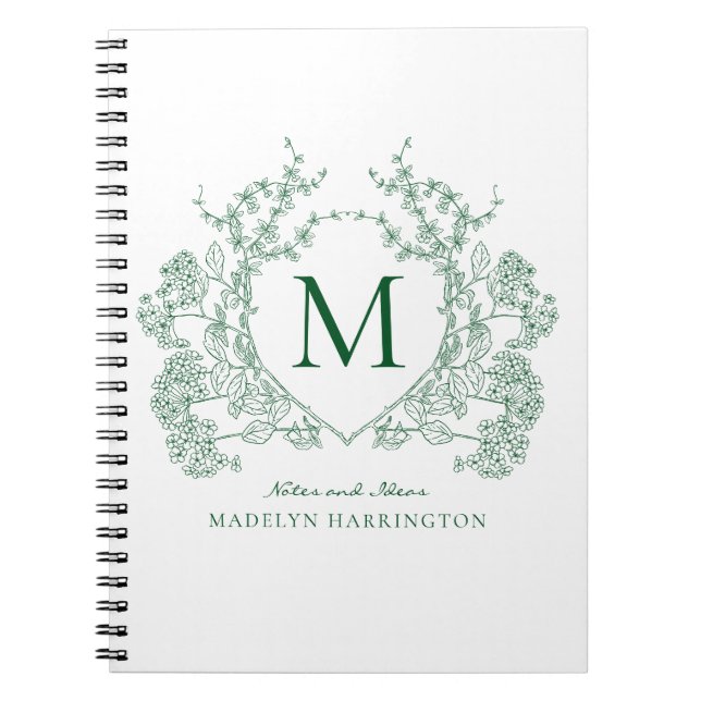 Classic Green Floral Crest Monogram Notebook (Front)