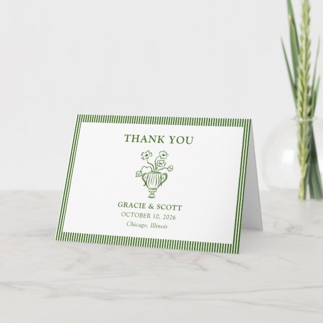 Classic Green Floral Stripe Wedding Thank You Card (Front)