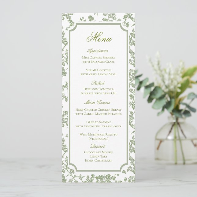 Classic Green Floral Toile Wedding Menu (Standing Front)