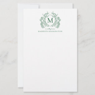 Classic Green Floral Vintage Crest Monogram Stationery