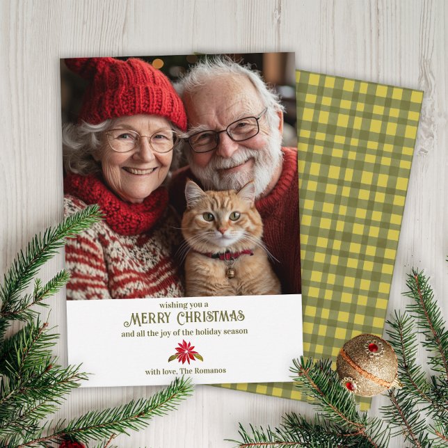 Classic Green Gingham Poinsettia 1 Photo Christmas Holiday Card (Creator Uploaded)