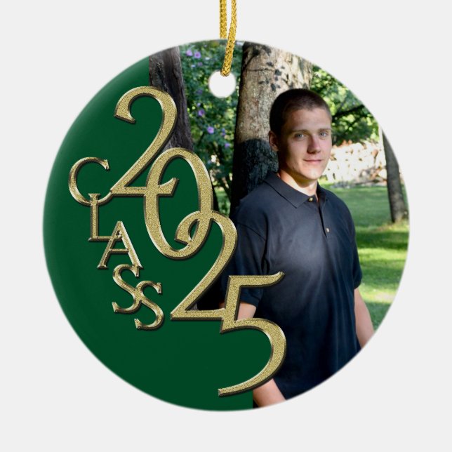 Classic Green Gold 2025 Graduate Photo Ceramic Tree Decoration (Front)