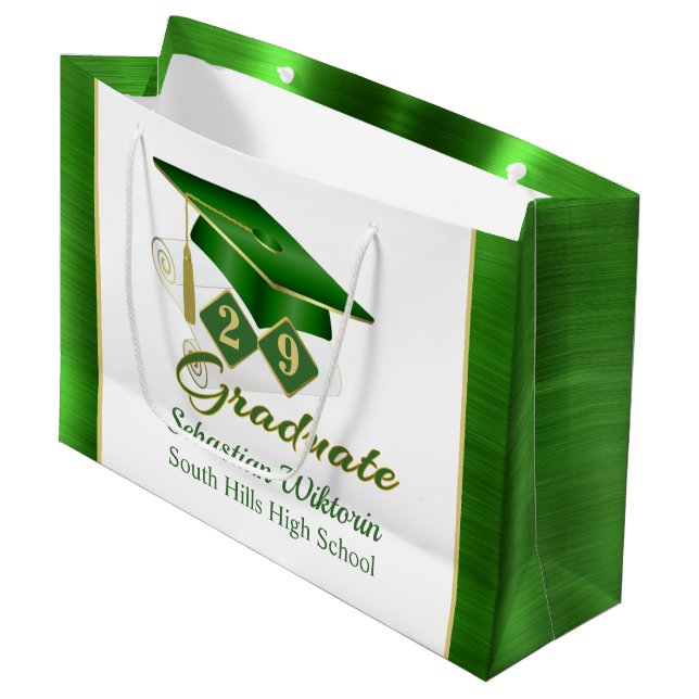 Classic Green Gold Personalised Graduation Large Gift Bag (Front Angled)
