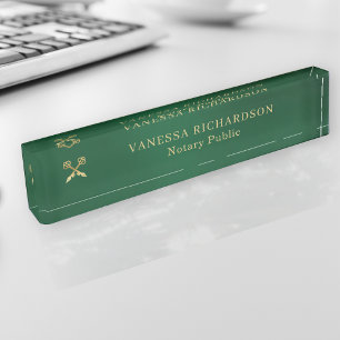 Classic Green & Gold Professional Gold Pen Notary Nameplate