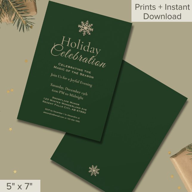 Classic Green Gold Snowflake Holiday Celebration Invitation (Creator Uploaded)