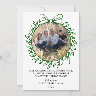Classic Green Hand Drawn Bow Wreath Christmas Holiday Card