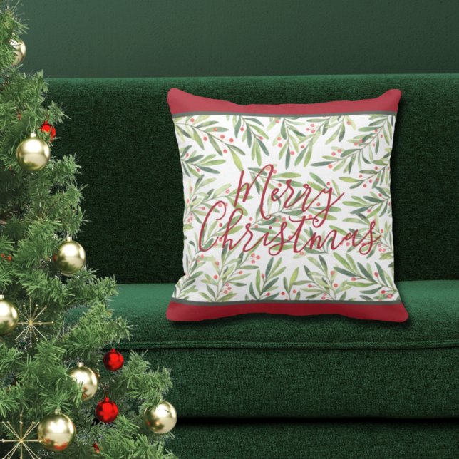 Classic Green Holly and Berries Merry Christmas Cushion (Creator Uploaded)