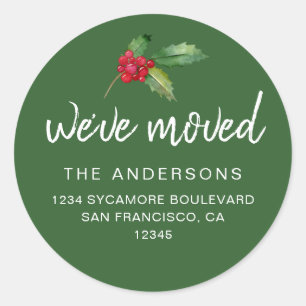 Classic Green Holly We’ve Moved Holiday Round Sticker