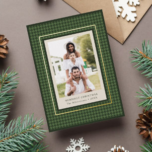 Classic Green Houndstooth Pattern Christmas Photo