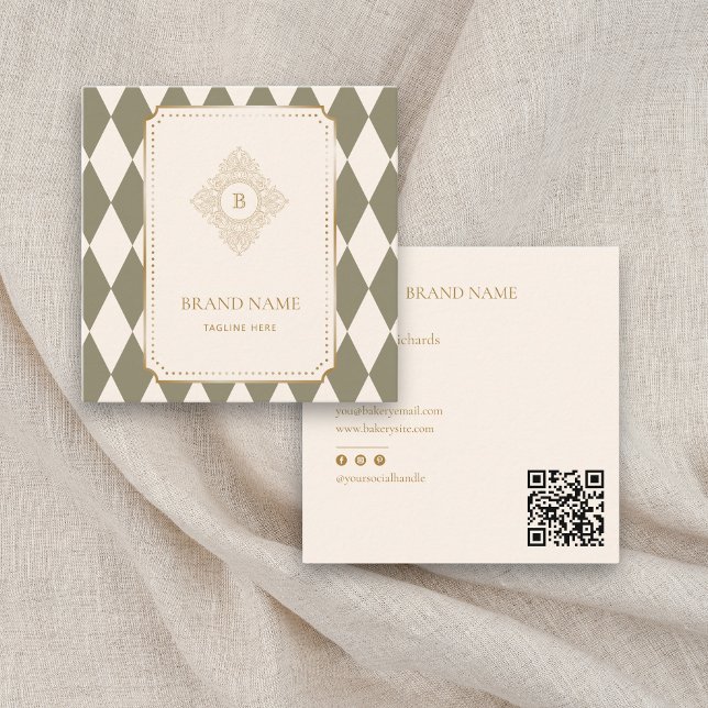 Classic Green & Ivory Argyle Monogram Gold Accent  Square Business Card (Creator Uploaded)