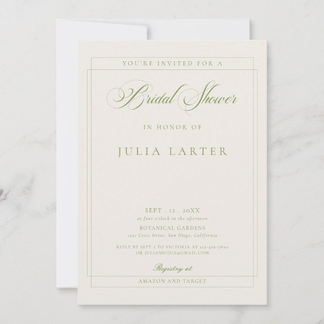 Classic Green Ivory Calligraphy Bridal Shower Invitation (Front)