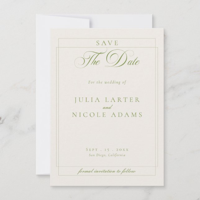 Classic Green Ivory Calligraphy Photo Wedding Save The Date (Front)