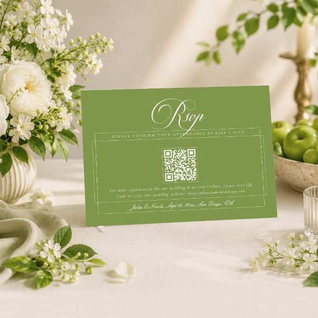Classic Green Ivory Calligraphy QR Code Wedding RSVP Card (Creator Uploaded)