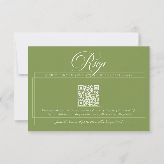 Classic Green Ivory Calligraphy QR Code Wedding RSVP Card (Front)