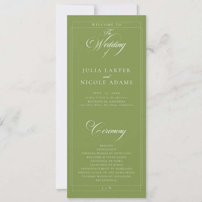 Classic Green Ivory Calligraphy Wedding Program (Front)