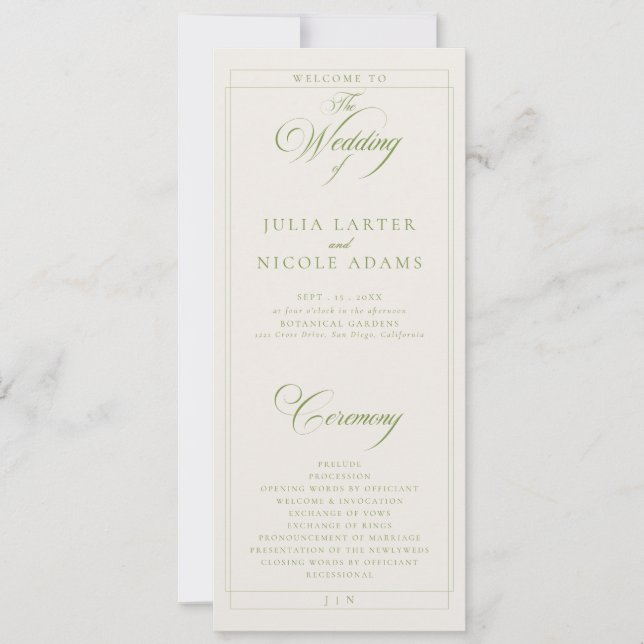 Classic Green Ivory Calligraphy Wedding Program (Front)