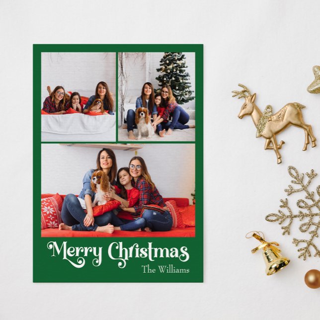 Classic Green Merry Christmas Vertical 3 Photo Holiday Postcard (Creator Uploaded)