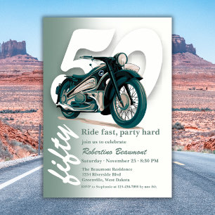 Classic Green Motorbike Ride Fast 50th Birthday Invitation