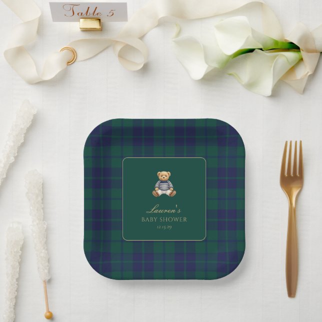 Classic Green Navy Plaid Bear Baby Shower  Paper Plate (Wedding)