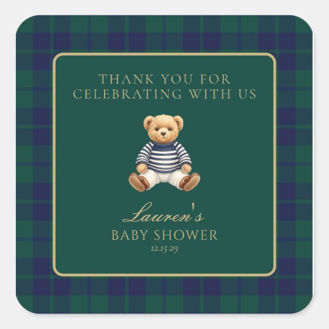 Classic Green Navy Plaid Bear Baby Shower  Square Sticker (Front)