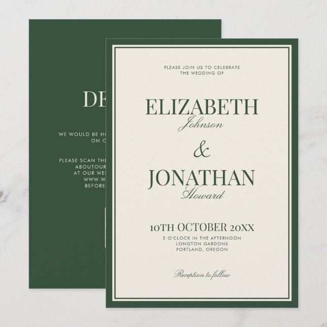 Classic Green Old Money Elegant QR Code Wedding Invitation (Front/Back)