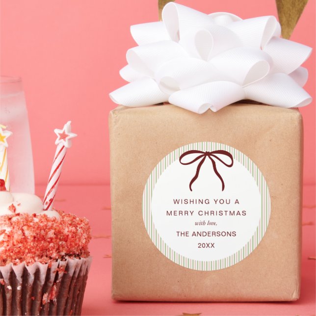 Classic Green Pink Stripes Red Bow Merry Christmas Round Sticker (Party)