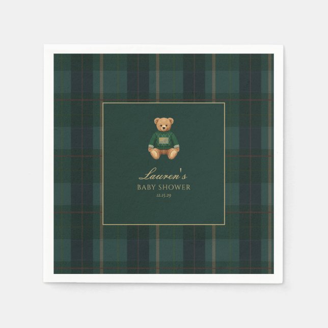 Classic Green Plaid Bear Baby Shower  Napkin (Front)