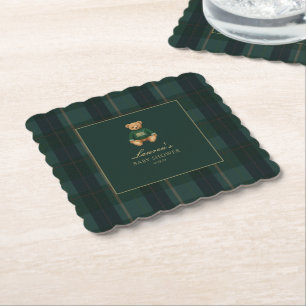 Classic Green Plaid Bear Baby Shower Paper Coaster