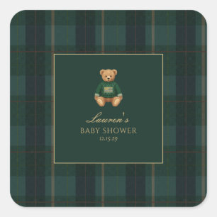 Classic Green Plaid Bear Baby Shower Square Sticker