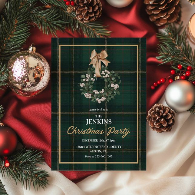 Classic Green Plaid Christmas Party Invitation (Elegant Green Tartan Christmas party invitation)