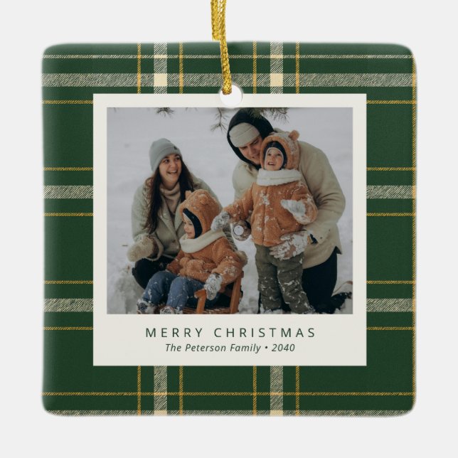 Classic Green Plaid Family 4 Photo Holiday Ceramic Ornament (Front)