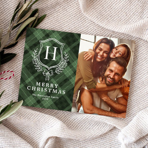 Classic Green Plaid Monogram Photo Christmas Holiday Card
