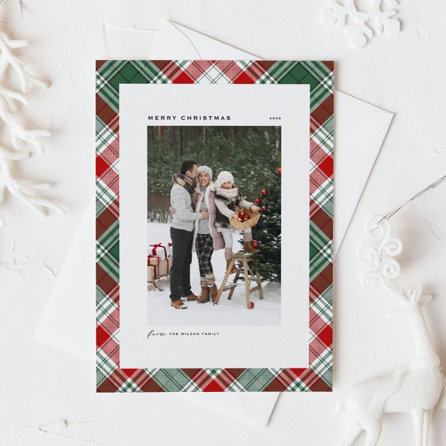 Classic Green Plaid Pattern Merry Christmas Photo (Green and Red Classic Plaid Pattern Merry Christmas Photo Card)