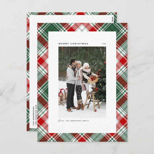 Classic Green Plaid Pattern Merry Christmas Photo Holiday Postcard (Front/Back)