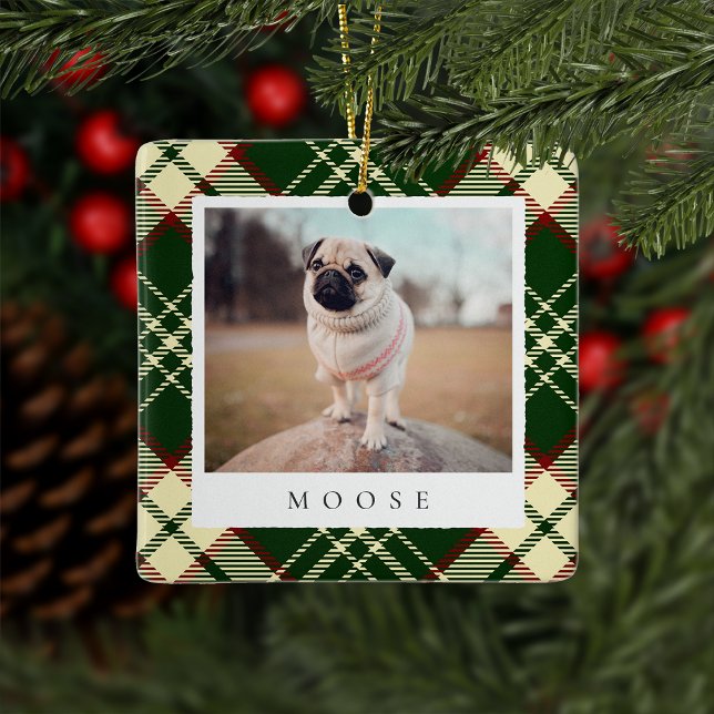Classic Green Plaid Personalised Pet Dog Photo Ceramic Ornament (Creator Uploaded)