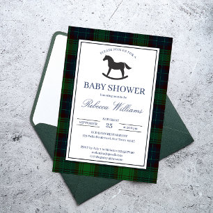 Classic green plaid rocking horse baby shower invitation