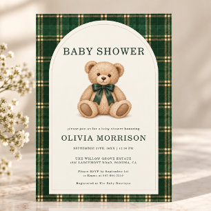 Classic Green Plaid Tartan Bear Baby Shower Invitation