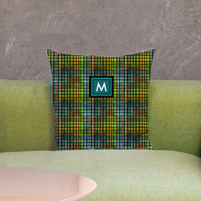 Classic Green Plaid Tartan Pattern Monogram Cushion (Creator Uploaded)