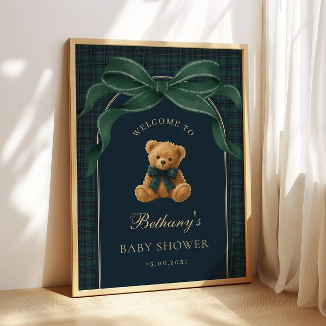 Classic Green Plaid Teddy Bear Baby Shower Welcome Poster (Creator Uploaded)