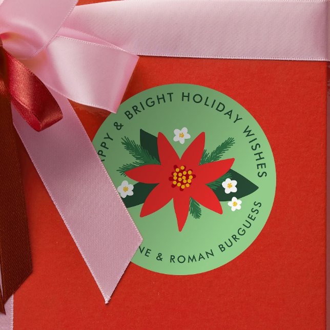 Classic Green Poinsettia Christmas Holiday Gift Classic Round Sticker (mint green modern poinsettia custom text  Christmas gift sticker)